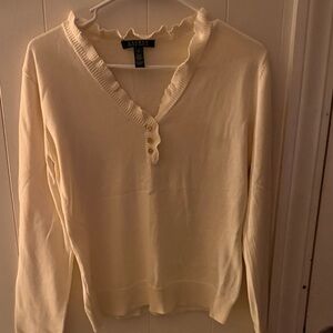 Ralph Lauren Cream V-Neck Sweater with Ruffle Detail